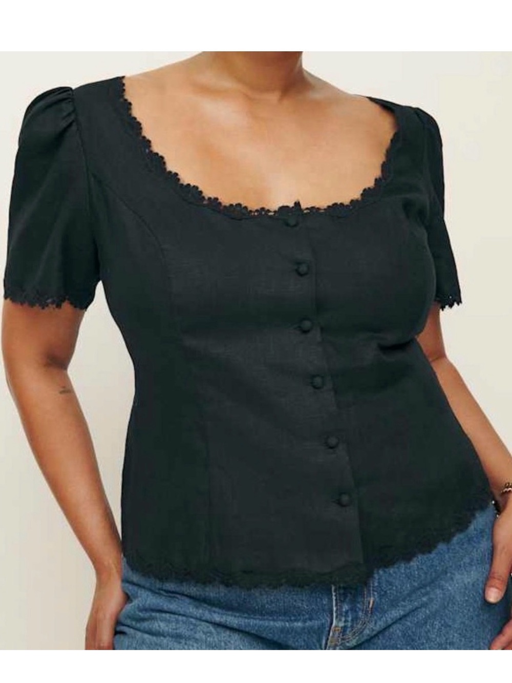 Reformation Anabella Linen Top Button Up Shirt Blouse Black Lace Trim Size 12